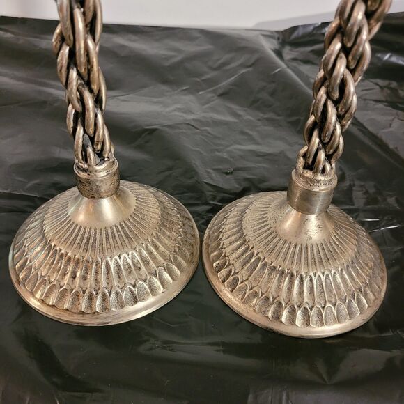 Pair Of Braidef Twisted Silver Color Candlestick Holders 14.5" Tall - Picture 4 of 9